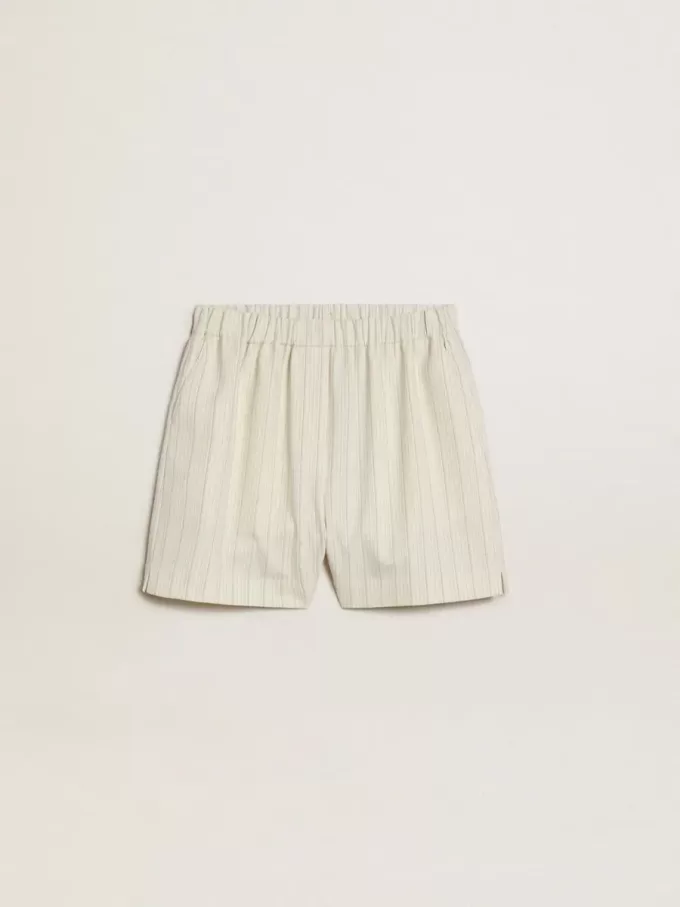 Damen-Shorts aus Wollmischung mit weißen und grauen Nadelstreifen