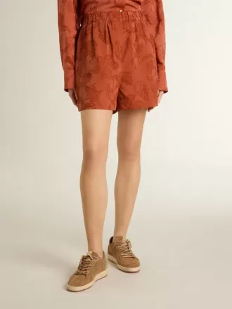 Damen-Shorts aus ziegelrotem Jacquard mit maritimem Blumenmuster