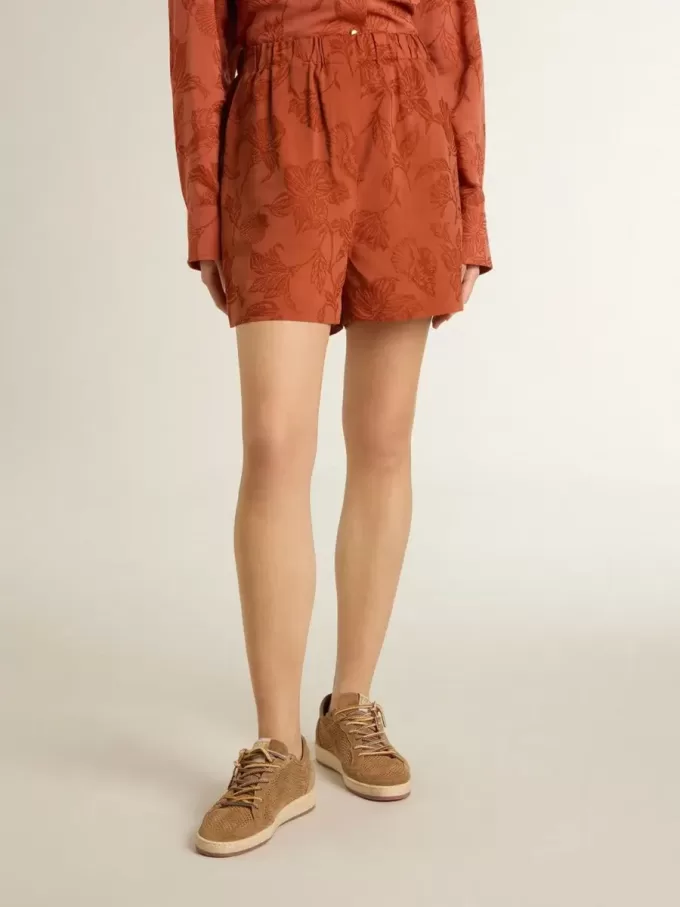 Damen-Shorts aus ziegelrotem Jacquard mit maritimem Blumenmuster