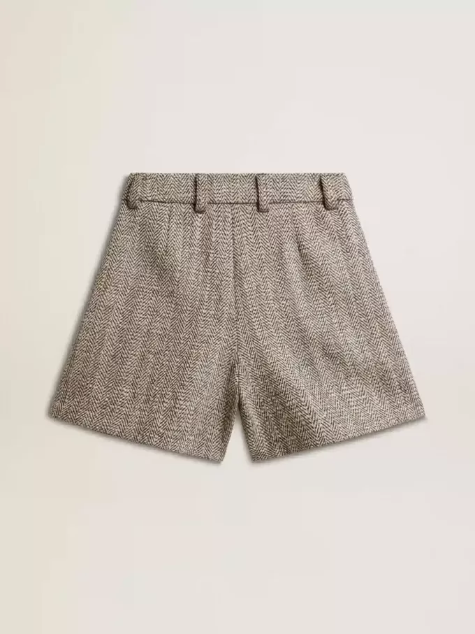 Damen-Shorts in Ecru-Braun aus Wollstoff mit Fischgrätenmuster