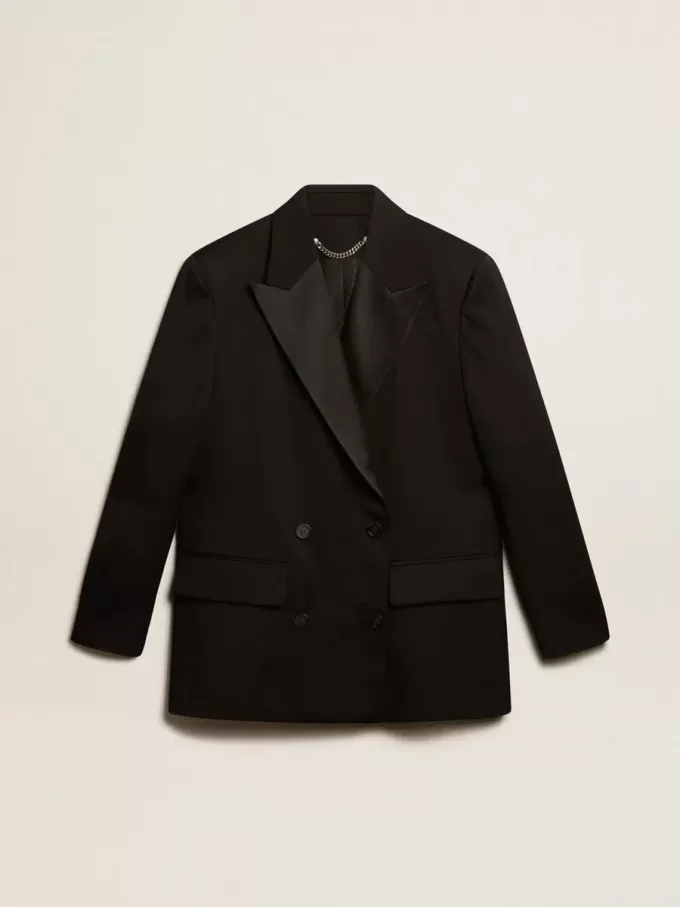 Damen-Smokingjacke aus schwarzer Wollgabardine Damen-Smokingjacke aus schwarzer Wollgabardine