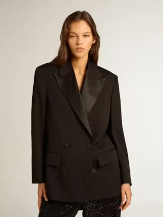 Damen-Smokingjacke aus schwarzer Wollgabardine Damen-Smokingjacke aus schwarzer Wollgabardine