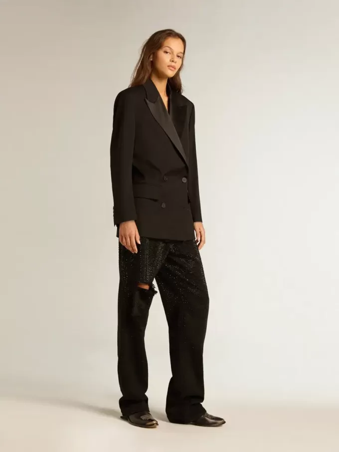 Damen-Smokingjacke aus schwarzer Wollgabardine Damen-Smokingjacke aus schwarzer Wollgabardine
