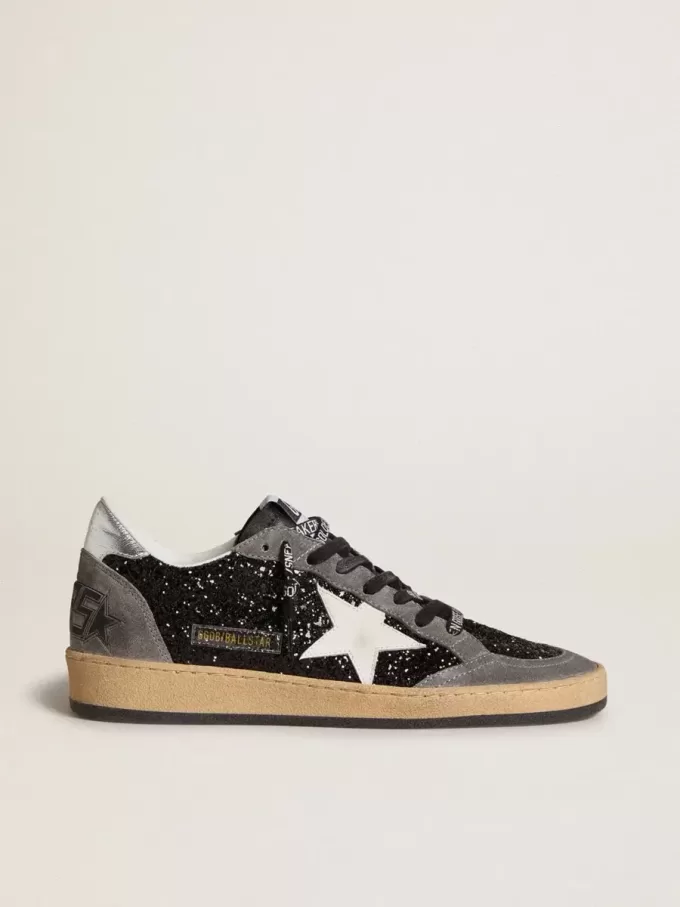 Damen-Sneaker „Ball Star” in Glitzeroptik mit Lederstern und metallischer Lederlasche am Fersenbereich