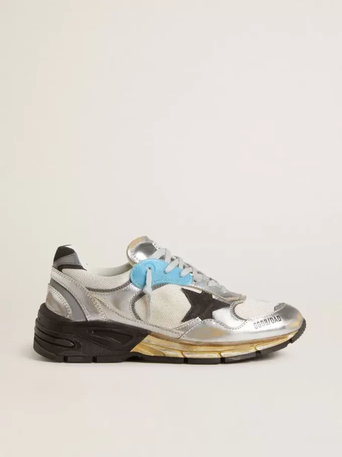 Damen-Sneaker Dad-Star aus Mesh und silberfarbenem Folienleder mit schwarzem Wildlederstern Damen-Sneaker Dad-Star aus Mesh und silberfarbenem Folienleder mit schwarzem Wildlederstern