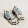 Damen-Sneaker Dad-Star aus Mesh und silberfarbenem Folienleder mit schwarzem Wildlederstern Damen-Sneaker Dad-Star aus Mesh und silberfarbenem Folienleder mit schwarzem Wildlederstern