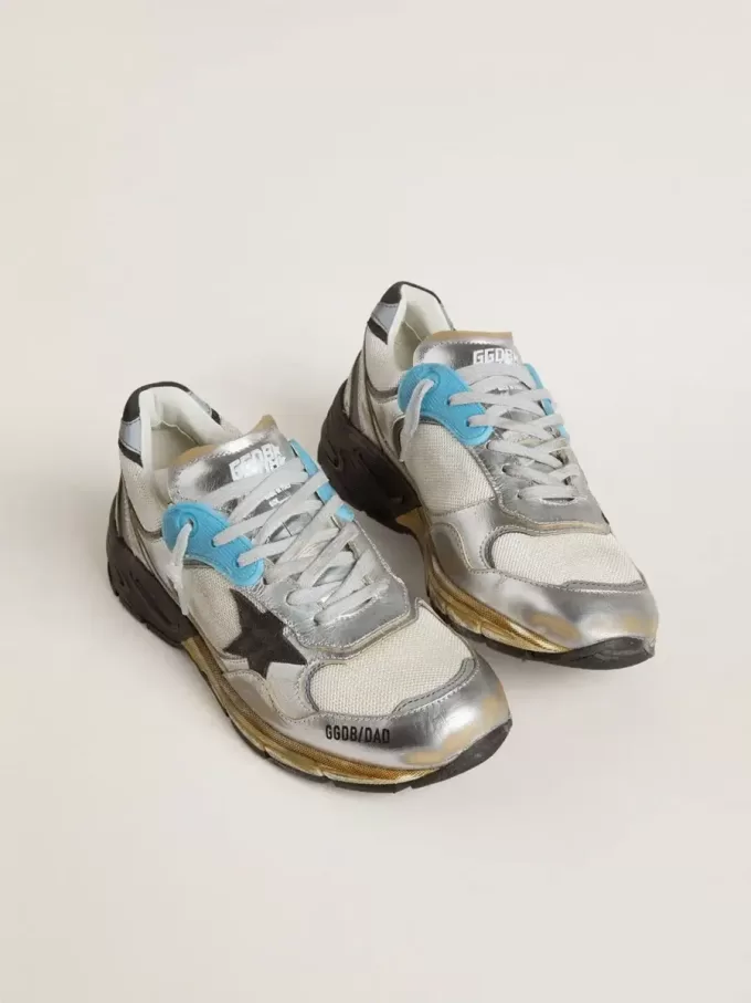 Damen-Sneaker Dad-Star aus Mesh und silberfarbenem Folienleder mit schwarzem Wildlederstern Damen-Sneaker Dad-Star aus Mesh und silberfarbenem Folienleder mit schwarzem Wildlederstern