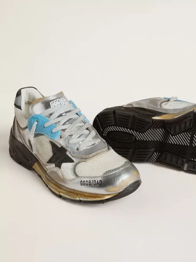 Damen-Sneaker Dad-Star aus Mesh und silberfarbenem Folienleder mit schwarzem Wildlederstern Damen-Sneaker Dad-Star aus Mesh und silberfarbenem Folienleder mit schwarzem Wildlederstern