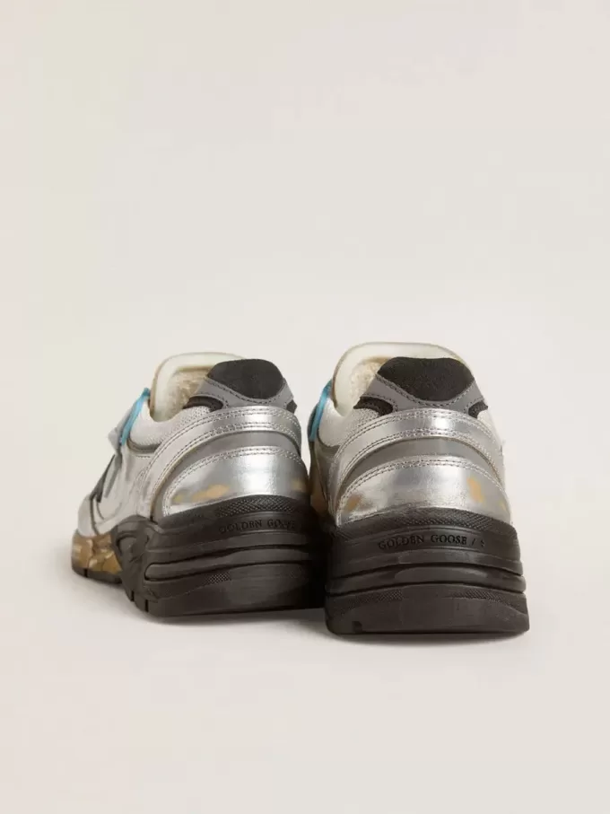 Damen-Sneaker Dad-Star aus Mesh und silberfarbenem Folienleder mit schwarzem Wildlederstern Damen-Sneaker Dad-Star aus Mesh und silberfarbenem Folienleder mit schwarzem Wildlederstern