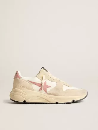 Damen-Sneaker „Running Sole” aus beigem Nylon mit rosa Lederstern und Fersenlasche