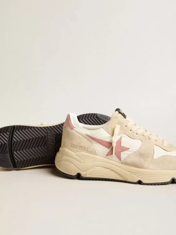 Damen-Sneaker „Running Sole” aus beigem Nylon mit rosa Lederstern und Fersenlasche Damen-Sneaker „Running Sole” aus beigem Nylon mit rosa Lederstern und Fersenlasche