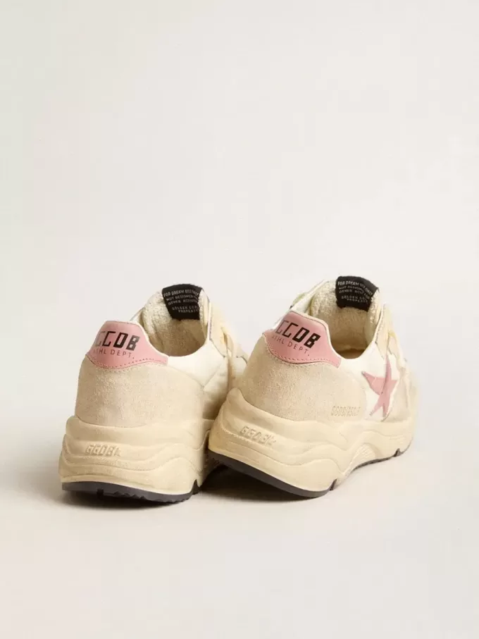 Damen-Sneaker „Running Sole” aus beigem Nylon mit rosa Lederstern und Fersenlasche Damen-Sneaker „Running Sole” aus beigem Nylon mit rosa Lederstern und Fersenlasche