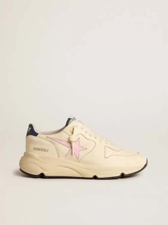 Damen-Sneaker „Running Sole” aus Nappaleder mit rosa Lederstern und blauer Lederlasche am Fersenbereich