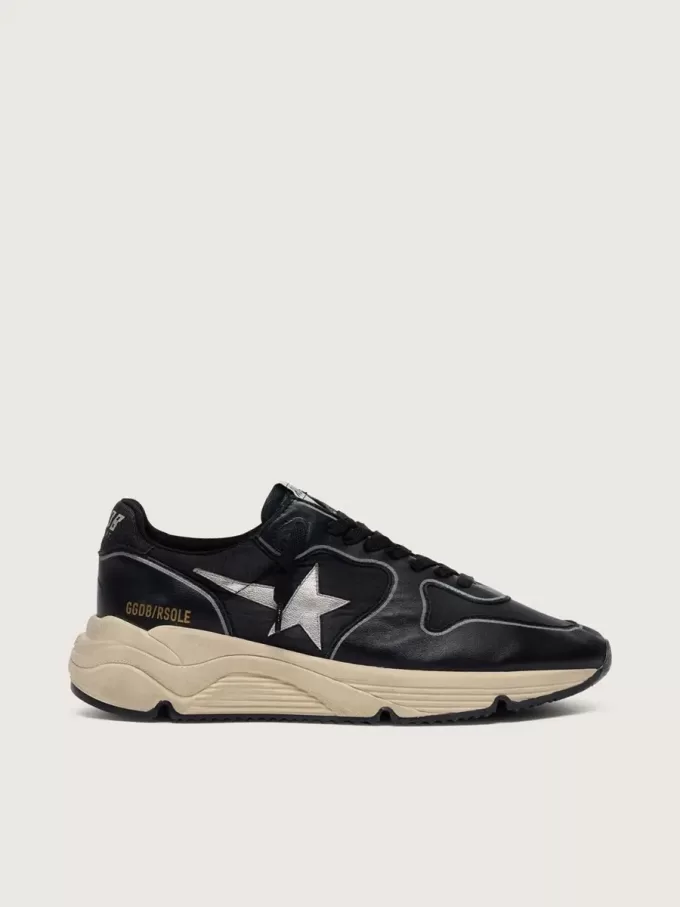 Damen-Sneaker „Running Sole” aus schwarzem Nappaleder und Nylon mit silbernem Lederstern Damen-Sneaker „Running Sole” aus schwarzem Nappaleder und Nylon mit silbernem Lederstern