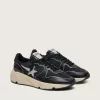 Damen-Sneaker „Running Sole” aus schwarzem Nappaleder und Nylon mit silbernem Lederstern Damen-Sneaker „Running Sole” aus schwarzem Nappaleder und Nylon mit silbernem Lederstern