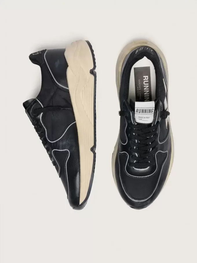 Damen-Sneaker „Running Sole” aus schwarzem Nappaleder und Nylon mit silbernem Lederstern Damen-Sneaker „Running Sole” aus schwarzem Nappaleder und Nylon mit silbernem Lederstern