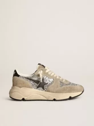 Damen-Sneaker „Running Sole” in Silberglitzer und taubengrauem Wildleder