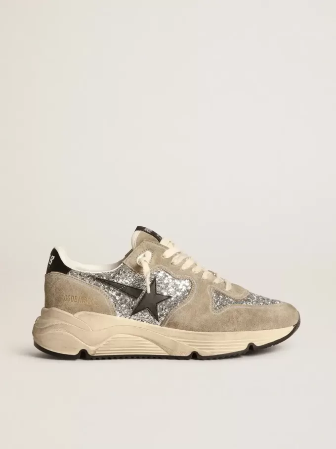 Damen-Sneaker „Running Sole” in Silberglitzer und taubengrauem Wildleder Damen-Sneaker „Running Sole” in Silberglitzer und taubengrauem Wildleder