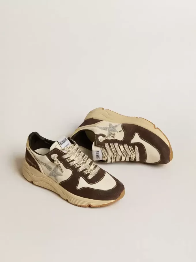 Damen-Sneaker „Running Sole LTD” aus Nappaleder und braunem Wildleder mit Swarovski-Kristallstern
