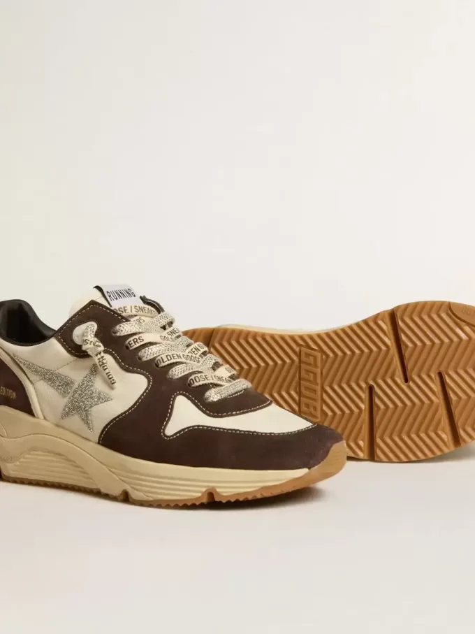 Damen-Sneaker „Running Sole LTD” aus Nappaleder und braunem Wildleder mit Swarovski-Kristallstern