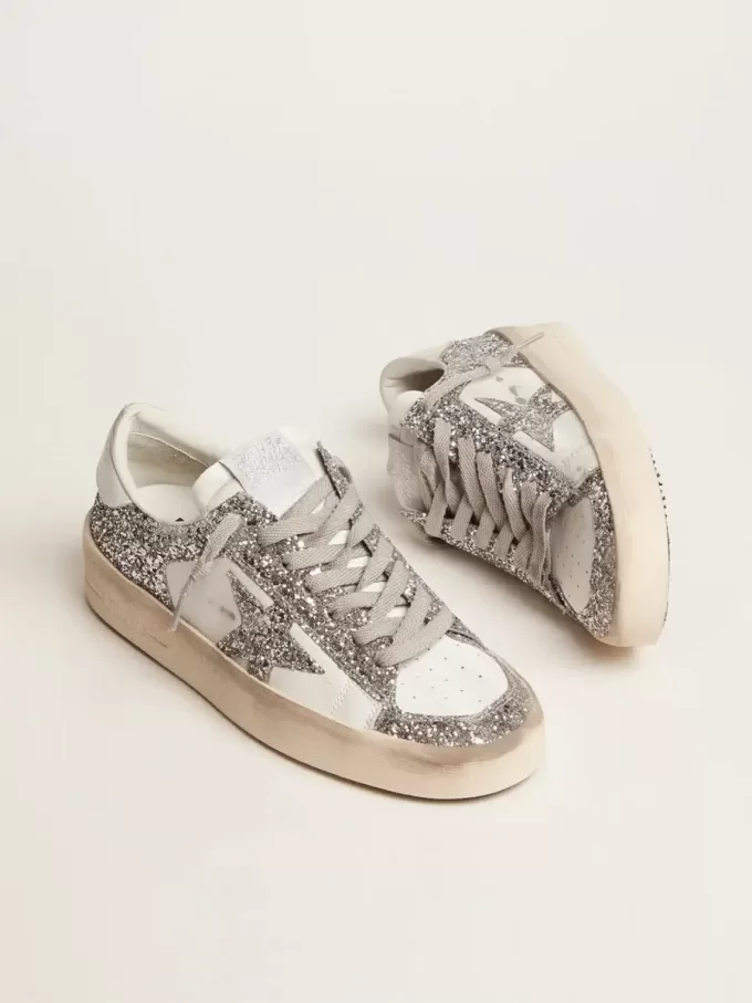 Damen-Sneaker „Stardan” aus weißem Leder mit Glitzer