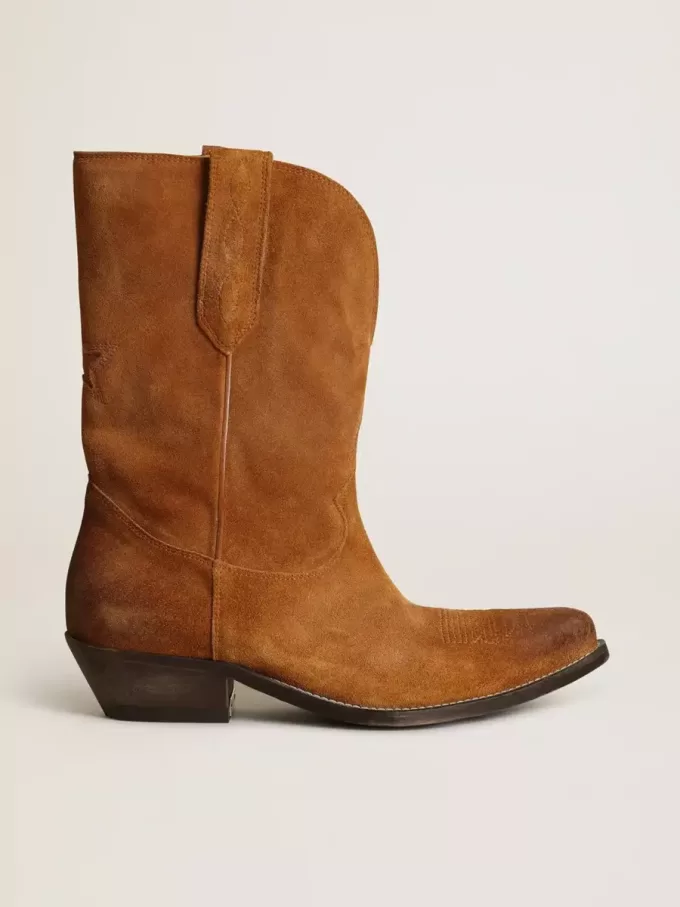 Damen-Stiefeletten aus tabakfarbenem Wildleder mit eingearbeitetem Stern Damen-Stiefeletten aus tabakfarbenem Wildleder mit eingearbeitetem Stern