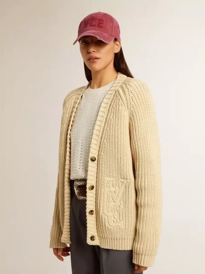 Damen-Strickjacke aus Baumwolle mit Stickerei auf der Vorderseite