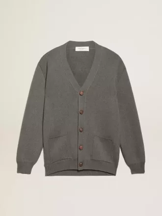 Damen-Strickjacke aus melierter grauer Baumwolle mit Logo auf der Rückseite