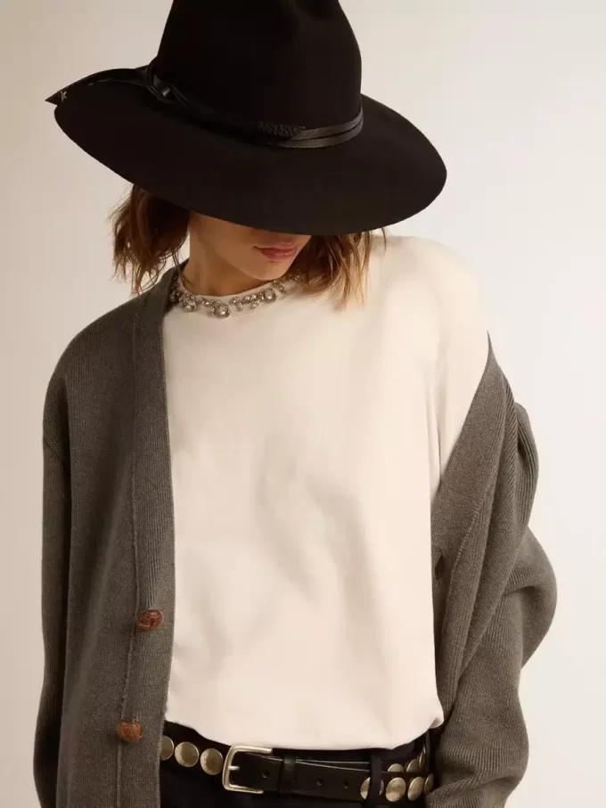Damen-Strickjacke aus melierter grauer Baumwolle mit Logo auf der Rückseite
