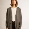 Damen-Strickjacke aus melierter grauer Baumwolle mit Logo auf der Rückseite