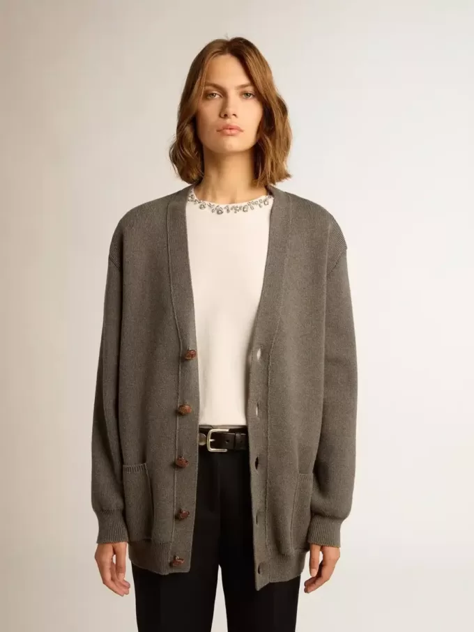 Damen-Strickjacke aus melierter grauer Baumwolle mit Logo auf der Rückseite