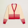 Damen-Strickjacke in Creme mit roten Streifen Damen-Strickjacke in Creme mit roten Streifen
