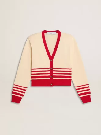 Damen-Strickjacke in Creme mit roten Streifen