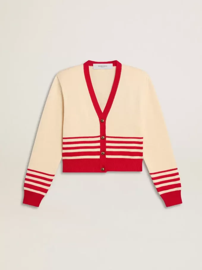 Damen-Strickjacke in Creme mit roten Streifen Damen-Strickjacke in Creme mit roten Streifen