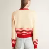 Damen-Strickjacke in Creme mit roten Streifen Damen-Strickjacke in Creme mit roten Streifen