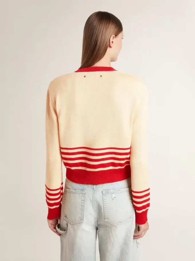 Damen-Strickjacke in Creme mit roten Streifen Damen-Strickjacke in Creme mit roten Streifen