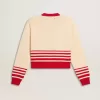 Damen-Strickjacke in Creme mit roten Streifen Damen-Strickjacke in Creme mit roten Streifen