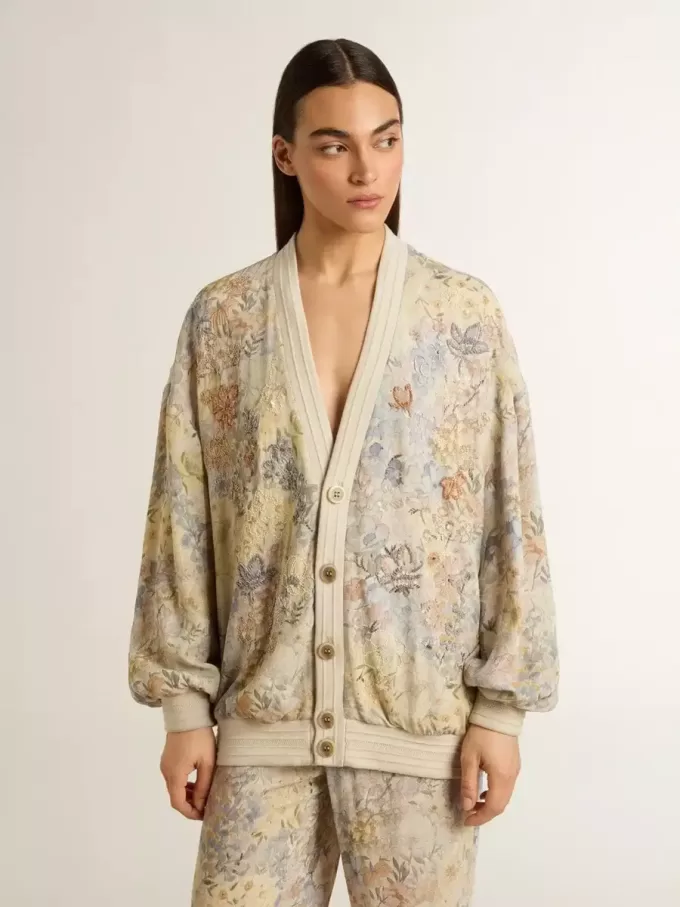 Damen-Strickjacke mit Blumenprint und Stickerei Damen-Strickjacke mit Blumenprint und Stickerei