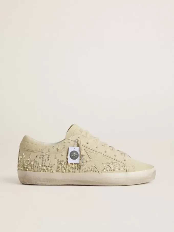 Damen-Superstar aus beigem Wildleder mit Perlen und Swarovski-Kristallen
