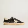 Damen-Superstar in schwarzem Glitzer und Nappa mit cremefarbenem Lederstern und Fersenlasche