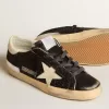 Damen-Superstar in schwarzem Glitzer und Nappa mit cremefarbenem Lederstern und Fersenlasche