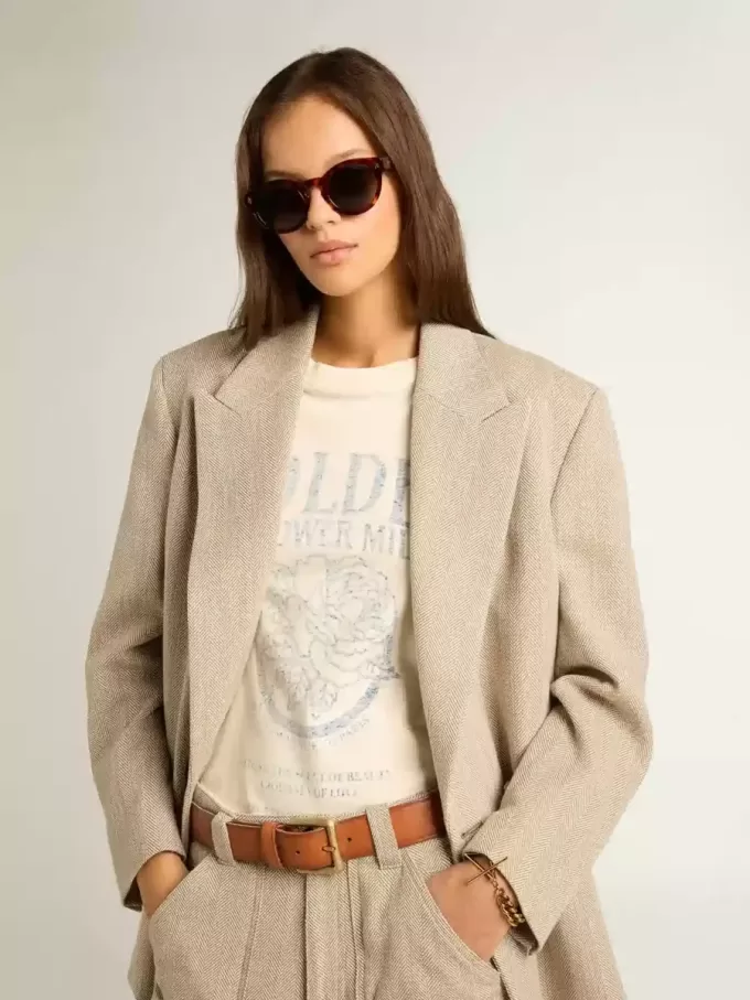 Damen-T-Shirt aus altweißer Baumwolle mit saisonalem Print