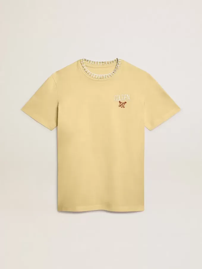 Damen-T-Shirt aus Baumwolljersey mit Stickerei am Halsausschnitt und auf der Brust Damen-T-Shirt aus Baumwolljersey mit Stickerei am Halsausschnitt und auf der Brust