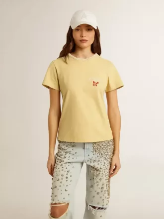Damen-T-Shirt aus Baumwolljersey mit Stickerei am Halsausschnitt und auf der Brust
