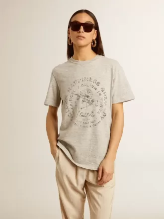 Damen-T-Shirt aus grau melierter Baumwolle mit saisonalem Print