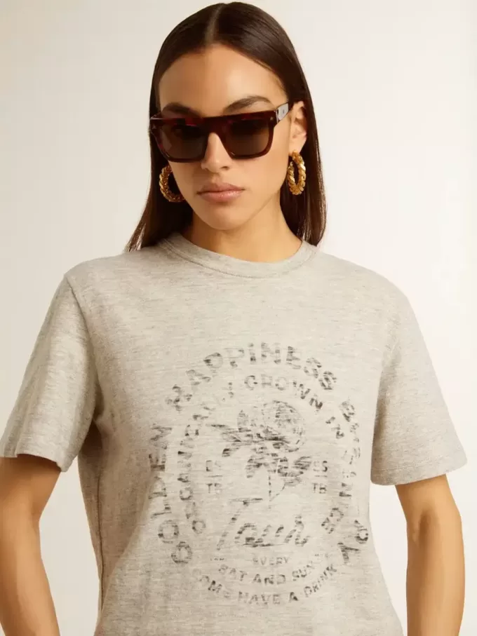 Damen-T-Shirt aus grau melierter Baumwolle mit saisonalem Print