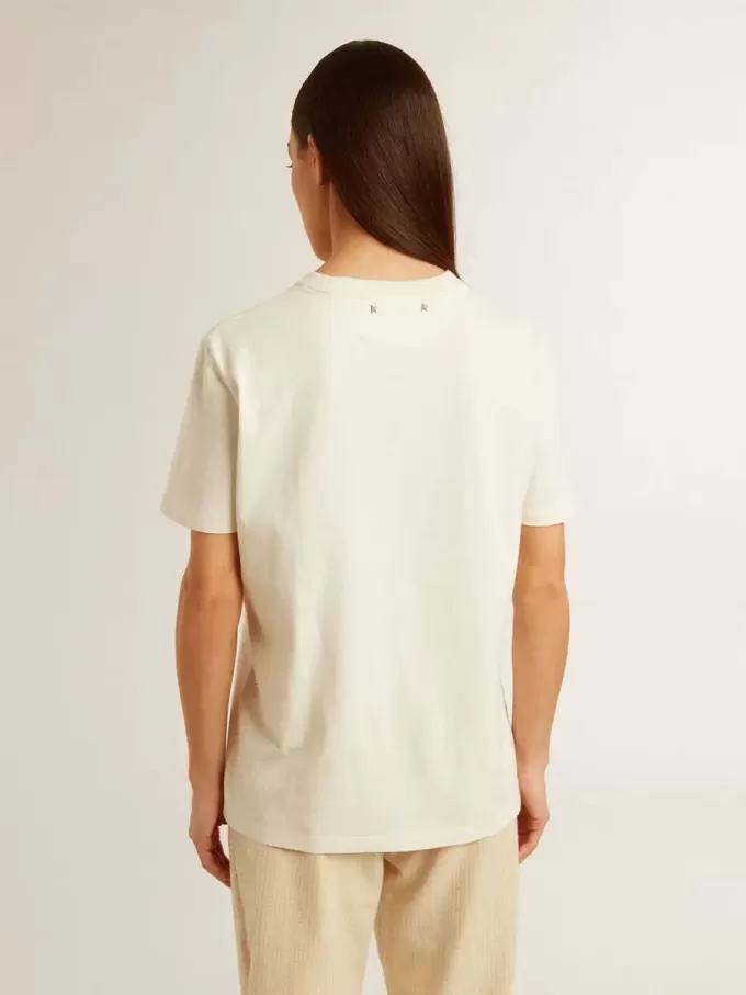 Damen-T-Shirt in Altweiß mit Logo auf der Brust