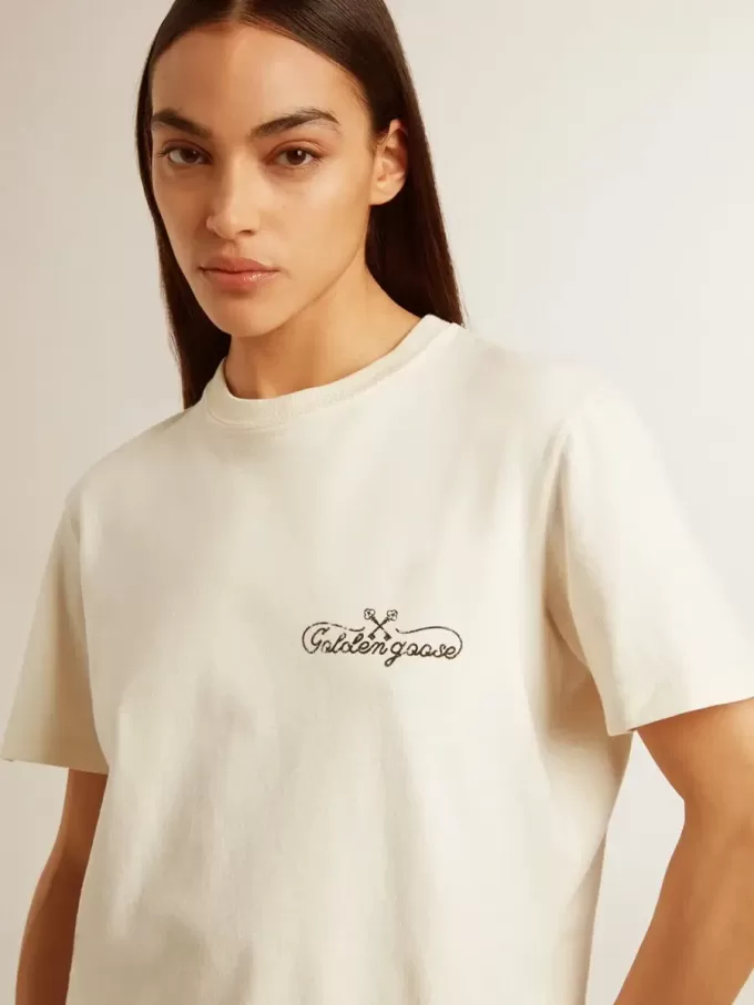 Damen-T-Shirt in Altweiß mit Logo auf der Brust