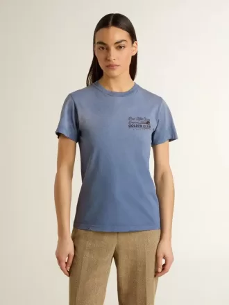 Damen-T-Shirt in verblasstem Hellblau mit Aufdruck auf der Brust