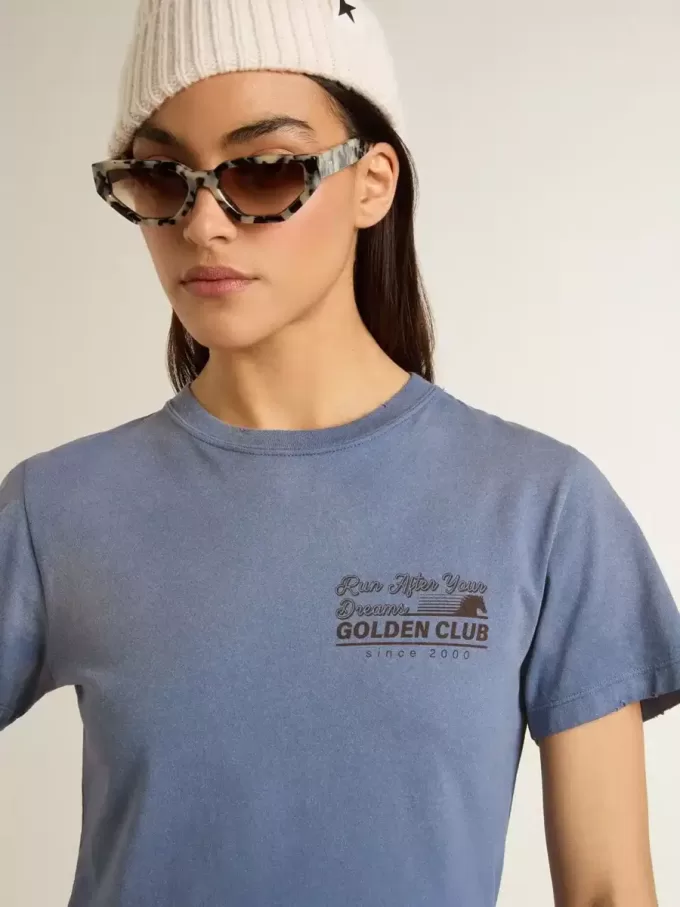 Damen-T-Shirt in verblasstem Hellblau mit Aufdruck auf der Brust